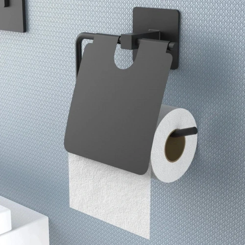 Durukar® Kendiliğinden Yapışkanlı Siyah Paslanmaz Metal Kapaklı Tuvalet Kağıtlığı Aparatı