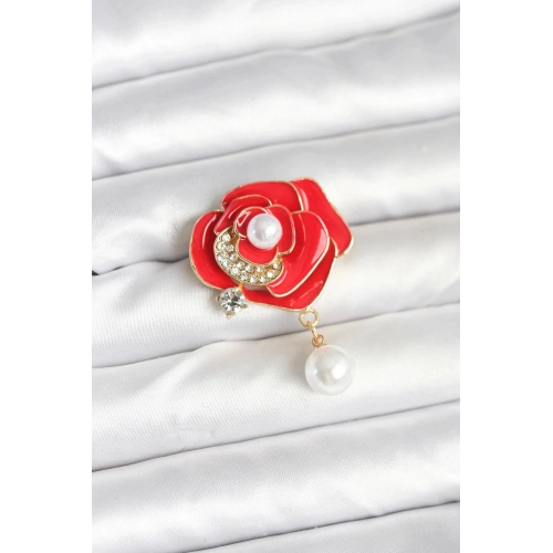 Durukar® Kırmızı Gül İncili Model Broş