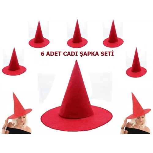Durukar® Kırmızı Renk Keçe Cadı Şapkası Yetişkin Çocuk Uyumlu 6 Adet