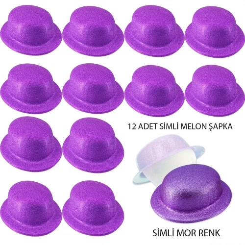 Durukar® Mor Renk Simli Melon Yuvarlak Parti Şapkası 12 Adet