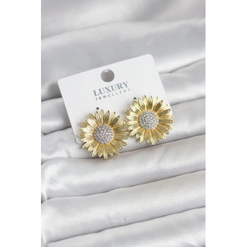 Durukar® Papatya Model Zirkon Taşlı Pirinç Gold Renk Kadın Küpe