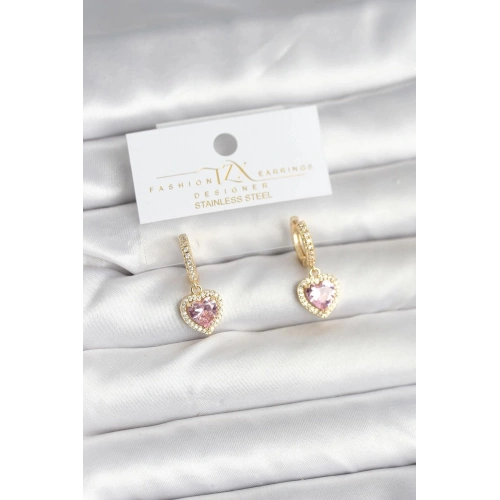 Durukar® Pirinç Gold Pembe Renk Zirkon Taşlı Kalp Model Kadın Küpe