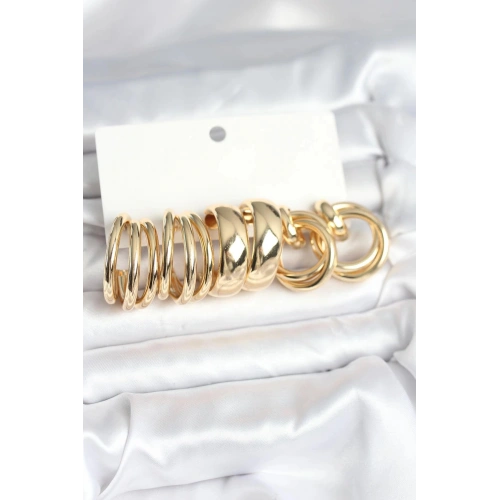 Durukar® Pirinç Gold Renk 3 Çift Vintage Kadın Küpe Seti