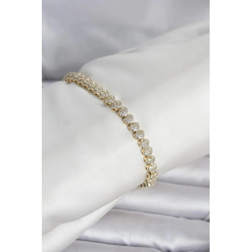 Durukar® Pirinç Gold Renk Kalp Model Sıralı Zirkon Taşlı Kadın Bileklik