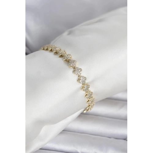 Durukar® Pirinç Gold Renk Yonca Model Sıralı Zirkon Taşlı Kadın Bileklik