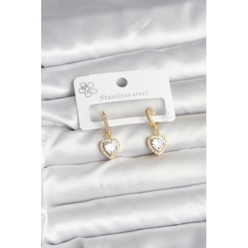 Durukar® Pirinç Gold Renk Zirkon Taşlı Kalp Model Kadın Küpe
