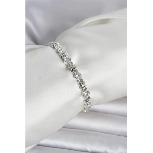 Durukar® Pirinç Gümüş Renk Petek Model Zirkon Taşlı Kadın Bileklik