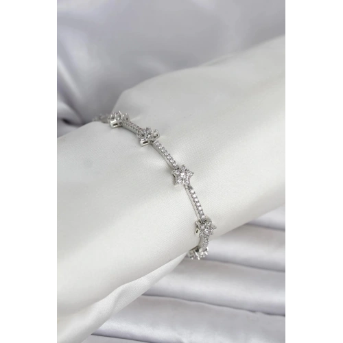Durukar® Pirinç Gümüş Renk Zirkon Taşlı Yıldız Model Kadın Bileklik