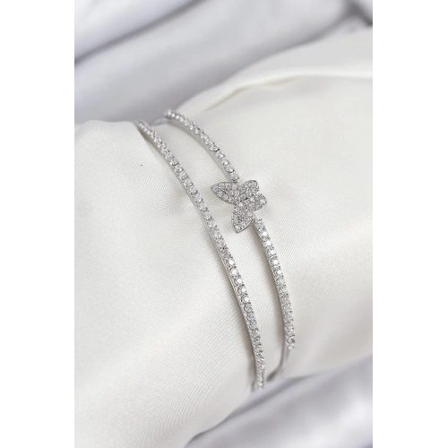 Durukar® Pirinç Zirkon Taşlı Kelebek Model Gümüş Renk Kadın Bileklik