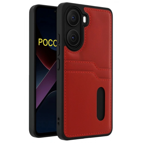 Durukar®   Poco X7 Pro Kılıf Sara Kartvizitli Deri Kılıf - Kırmızı