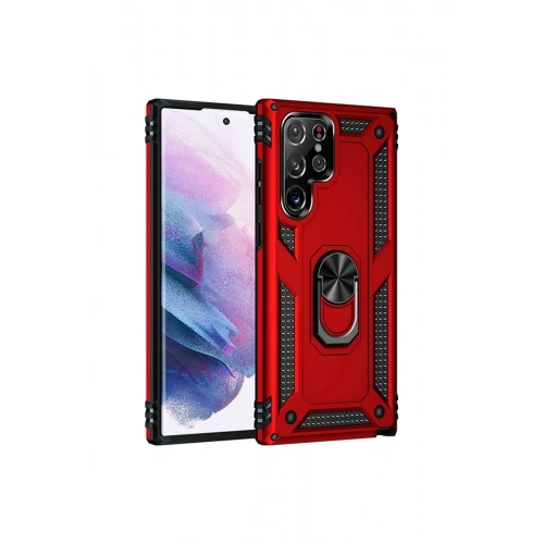 Durukar®  Samsung Galaxy S21 Ultra Kılıf Sofya Yüzüklü Silikon Kapak - Kırmızı