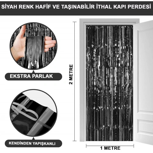 Durukar® Siyah Renk Ekstra Metalize Parlak Saçaklı Arka Fon Perde İthal A Kalite 1x2 Metre