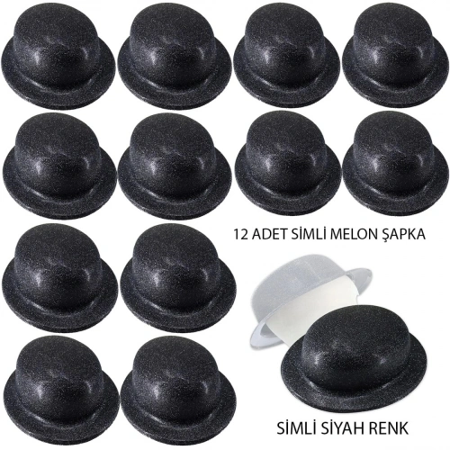 Durukar® Siyah Renk Simli Melon Yuvarlak Parti Şapkası 12 Adet