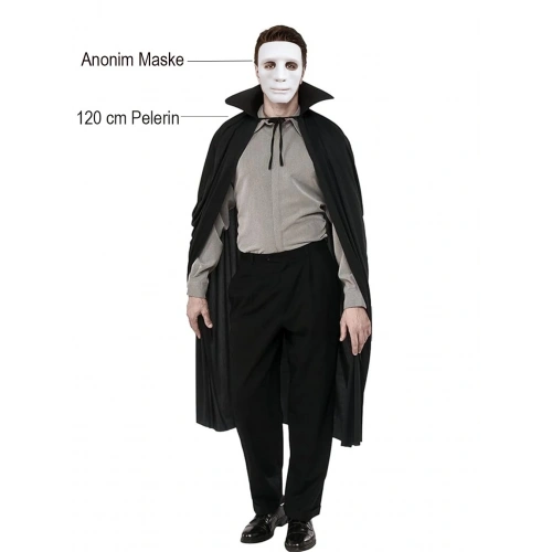 Durukar® Siyah Renk Yakalı 120 cm Pelerin ve Beyaz Anonim Maske