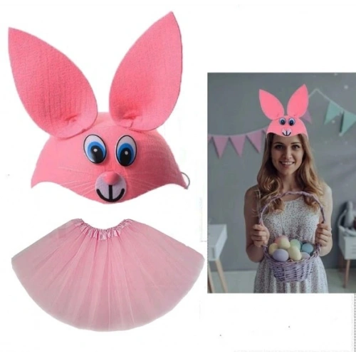 Durukar® Tavşan Kostümü Pembe - 23 Nisan Tavşan Şapka ve Tütü Etek Seti 2 Parça