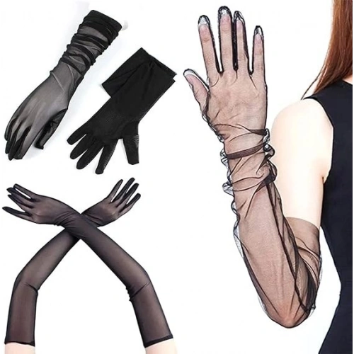 Durukar® Uzun Boy Likralı Siyah Renk Yetişkin Mega Tül Eldiven 53 cm
