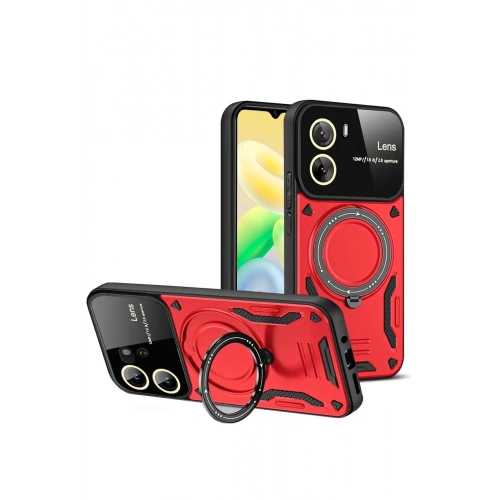 Durukar®  Vivo Y16 Kılıf Joy Lens Standlı Kapak - Kırmızı