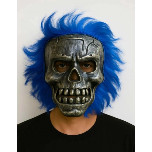 Durukar® Wild Skull - Gümüş Kafatası Mavi Saçlı İskelet Maske
