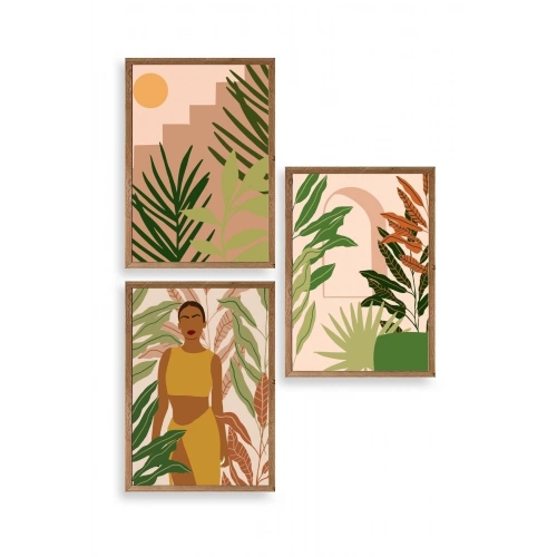 Düşündüren Çiçekli Üçlü Ahşap Çerçeveli Tablo 17 x 23