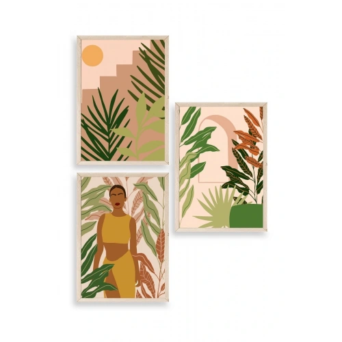 Düşündüren Çiçekli Üçlü Ahşap Çerçeveli Tablo 17 x 23