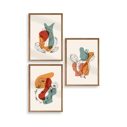 Düşündüren Şekiller Üçlü Ahşap Çerçeveli Tablo 30 x 42