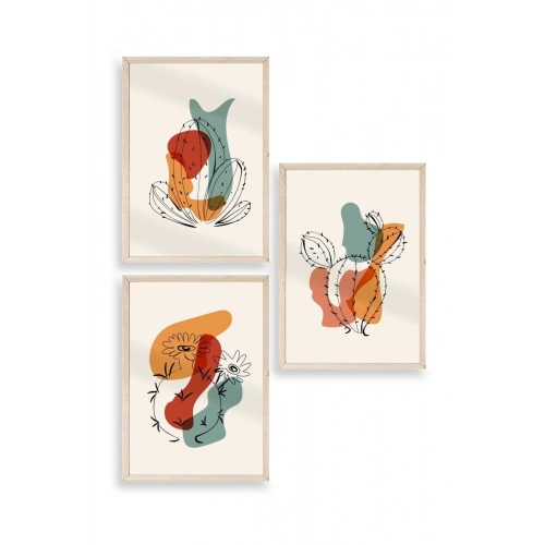 Düşündüren Şekiller Üçlü Ahşap Çerçeveli Tablo 50 x 70