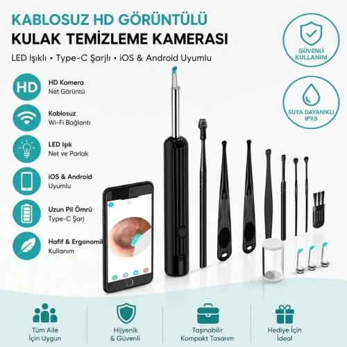 Ergonomik Kablosuz Hd Görüntüleme Kulak Temizleme Seti