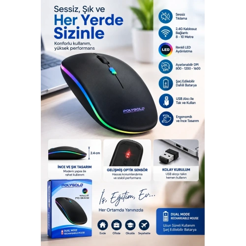 Ergonomik Kablosuz Led Mouse 2.4g Şarj Edilebilir 1600 Dpı
