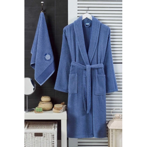 Mens Hooded Bathrobe Set %100 Cotton Navy