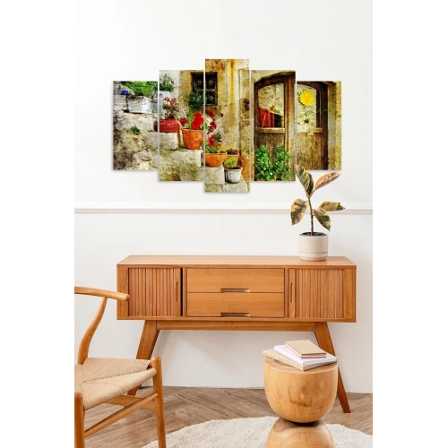 Eski Ev ve Çiçekler 5 Parçalı Mdf Tablo 60 x 100