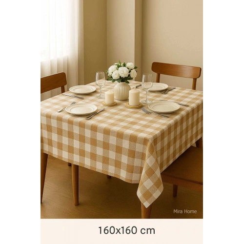 Fiber Kareli Masa Örtüsü Sofra Bezi Ekose Desen 160x160 Cm Bej