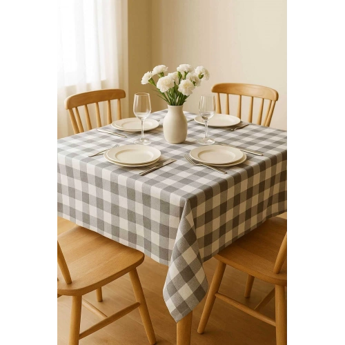 Fiber Kareli Masa Örtüsü Sofra Bezi Ekose Desen 160x160 Cm Gri