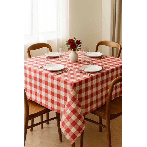 Fiber Kareli Masa Örtüsü Sofra Bezi Ekose Desen 160x160 Cm Kırmızı