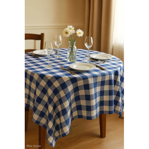 Fiber Kareli Masa Örtüsü Sofra Bezi Ekose Desen 160x160 Cm Mavi
