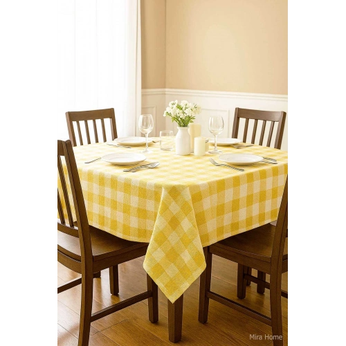 Fiber Kareli Masa Örtüsü Sofra Bezi Ekose Desen 160x160 Cm Sarı