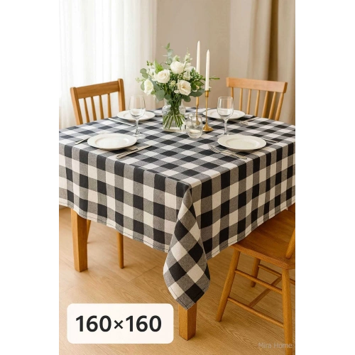 Fiber Kareli Masa Örtüsü Sofra Bezi Ekose Desen 160x160 Cm Siyah