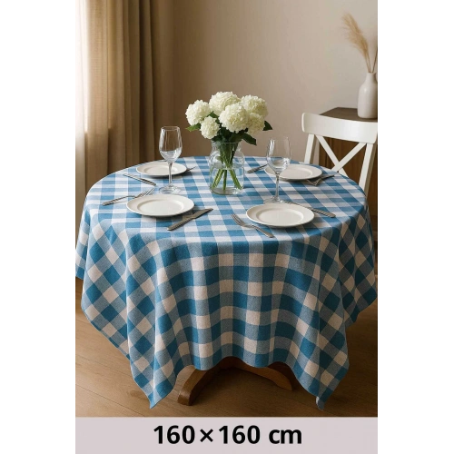 Fiber Kareli Masa Örtüsü Sofra Bezi Ekose Desen 160x160 Cm Turkuaz