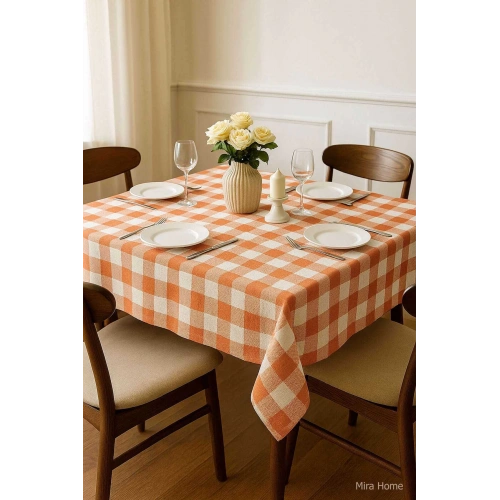Fiber Kareli Masa Örtüsü Sofra Bezi Ekose Desen 160x160 Cm Turuncu