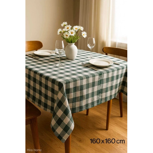 Fiber Kareli Masa Örtüsü Sofra Bezi Ekose Desen 160x160 Cm Yeşil