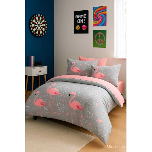 Flamingo Desenli  Pamuklu Tek Kişilik Nevresim Takımı