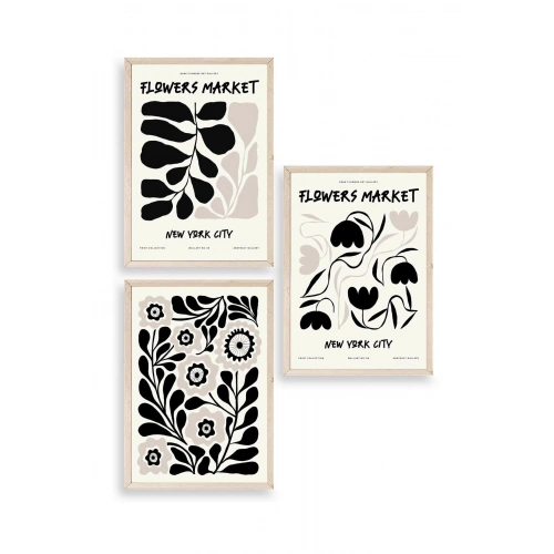 Flower Market Üçlü Ahşap Çerçeveli Tablo 23 x 30