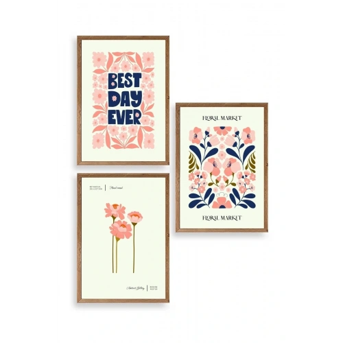 Flower Market Üçlü Ahşap Çerçeveli Tablo 23 x 30
