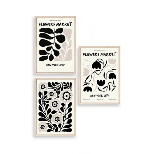 Flower Market Üçlü Ahşap Çerçeveli Tablo 50 x 70