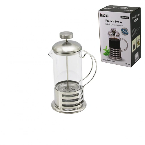 FRENCH PRESS METAL KAFES - METAL KAPAK 350ML CAM BİTKİ SÜZGEÇİ (5365)
