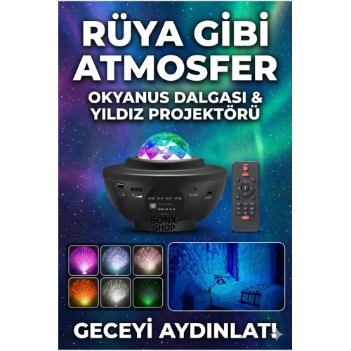 Galaksi Yıldız Projektörü ve Bluetooth Hoparlör 10 Renk Modlu Okyanus Dalgalı Gece & Disko Lambası