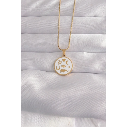Gold Renk Beyaz Mineli Figürlü Tarot Kolye