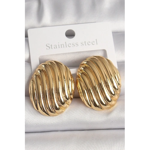 Gold Renk Oval İşlemeli Pirinç Küpe