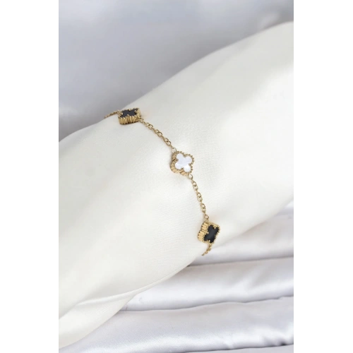 Gold Renk Siyah Beyaz Baby Yonca Bileklik 1 Adet
