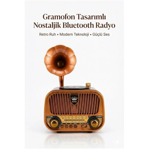 Gramofon Tasarımlı Nostaljik Bluetooth Radyo Hoparlör Müzik Çalar