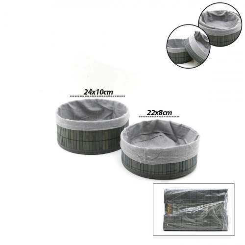 GRİ 2 BOY YUVARLAK BAMBU KENAR ORGANİZER SEPET AHŞAP ALTLIK - BEZLİ ÇAP=22X24CM (5365)